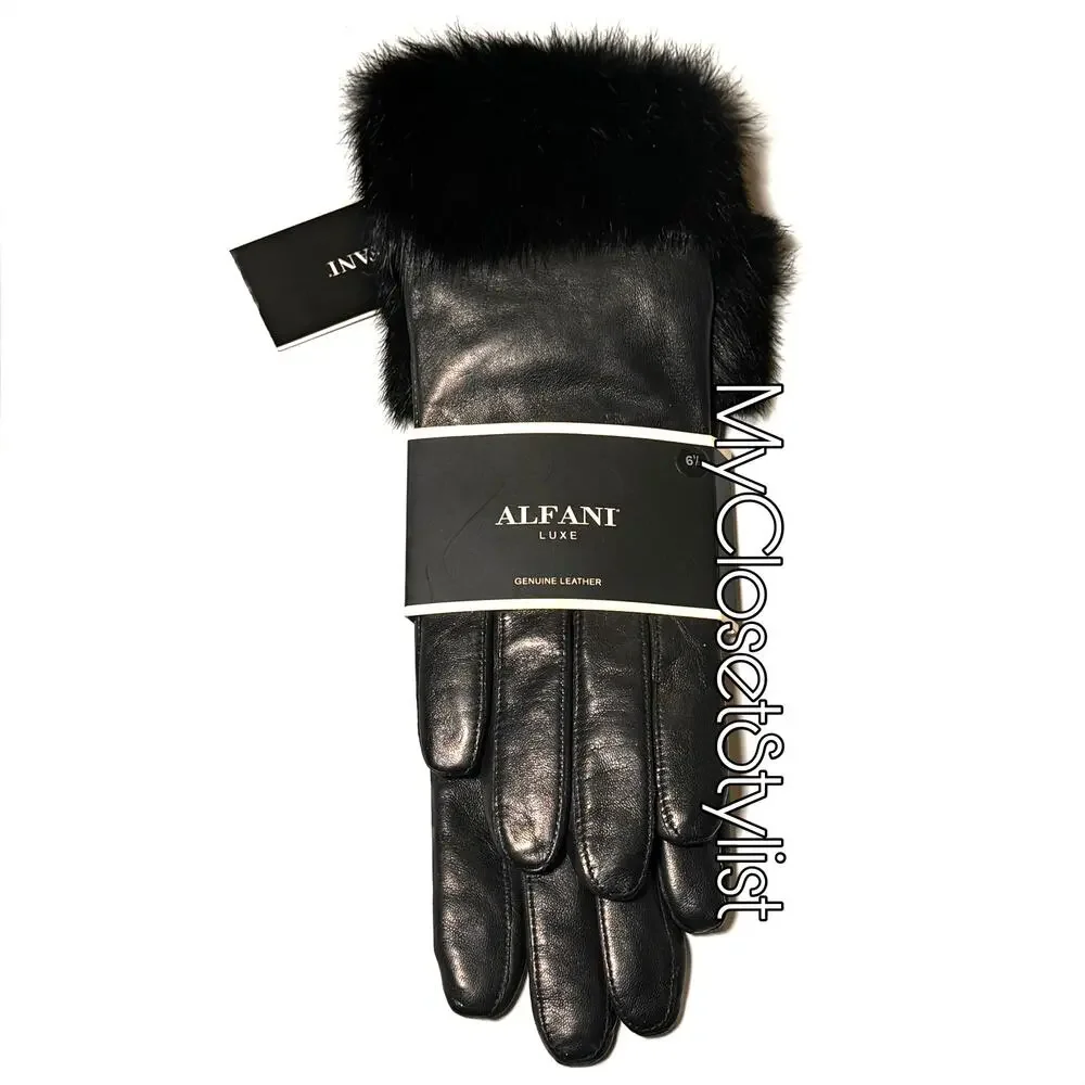 NWT Cashmere Lined Fur Trim Leather Gloves ALFANI LUXE Black! 6.5 LUXURY LINE